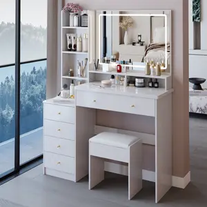 [Mother's Day Gift] Aobtkel 41" Large Bedside Vanity Table with Mirror + Cushioned Stool, Extra Large Touch Control LED Mirror, 3-Color Switch, Multi-Layer High-Capacity Storage Dresser, EPA/GCC/UL Certified, Vanity With Mirror