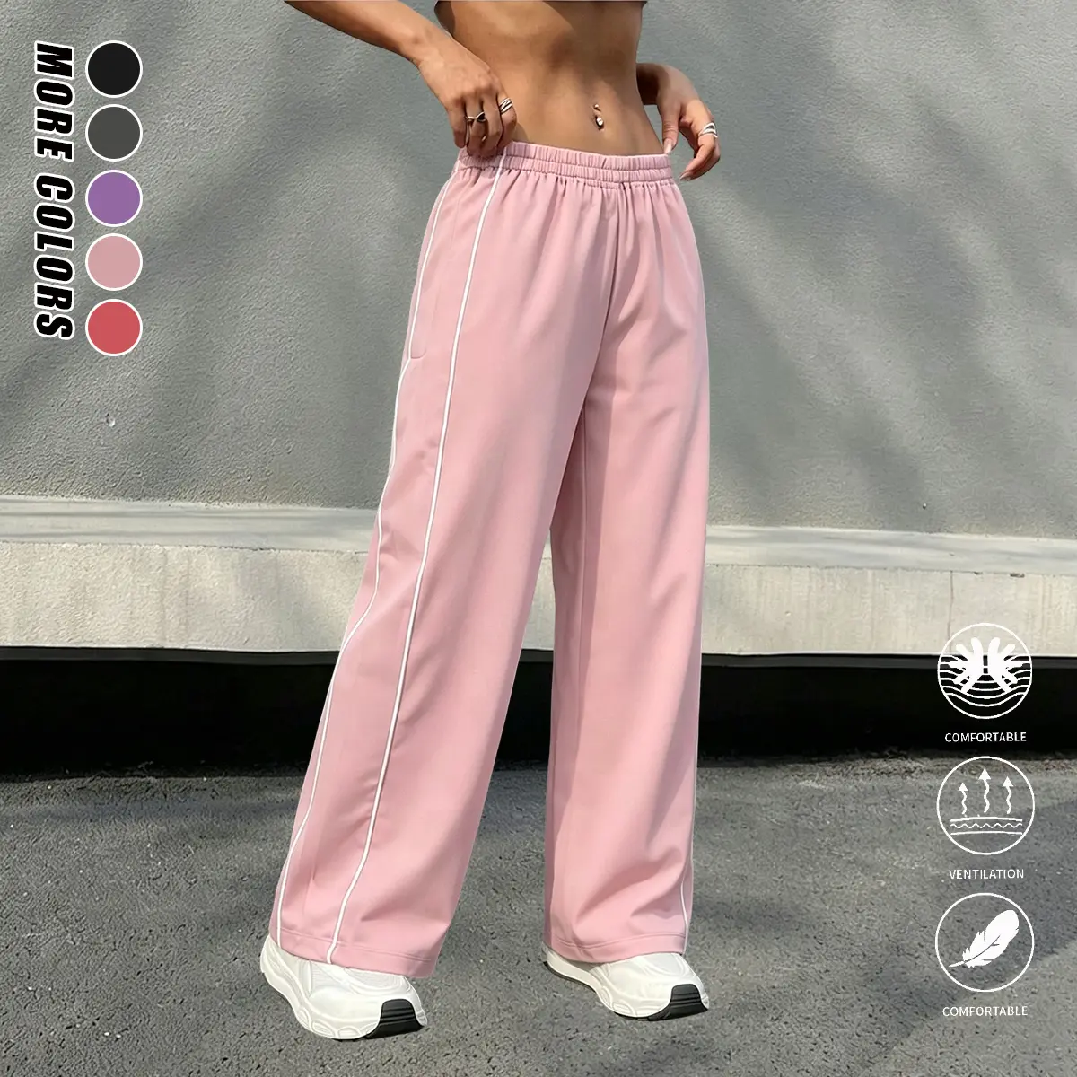 Women’s casual athletic long pants, solid color design, loose fit, elastic waistband, suitable for outdoor workouts, running, and everyday wear; women’s long pants, women’s trousers, women’s bottoms, athletic long pants,