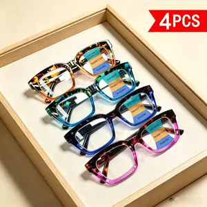 4-Pair Pack Blue Light Reading Glasses, Unisex Square Stylish Multi‑Focal Presbyopia Glasses, Suitable for Commuting and Office Use, Father’s Day Gift, Modern Eyewear, Computer Glasses, Progressive Multi‑Focal Glasses