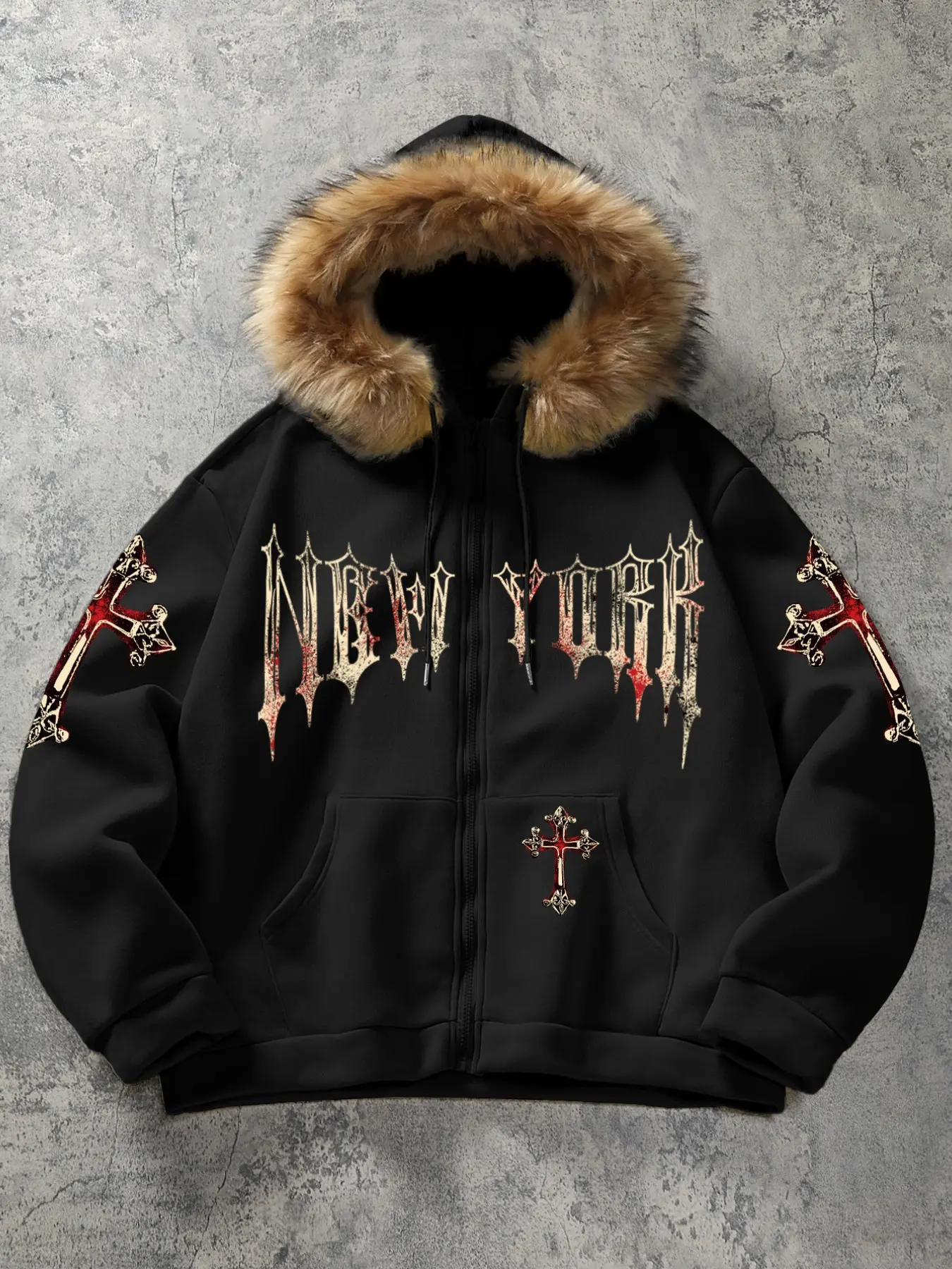 Oversized Fleece-Lined New York Gothic Hoodie | Red Lips & Cross Graphic Print | Furry Hood Collar | #DarkAesthetic Streetwear for Winter Daily, Night Outings & Urban Street Styling