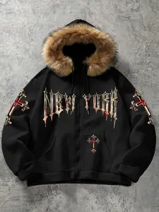 Oversized Fleece-Lined New York Gothic Hoodie | Red Lips & Cross Graphic Print | Furry Hood Collar | #DarkAesthetic Streetwear for Winter Daily, Night Outings & Urban Street Styling