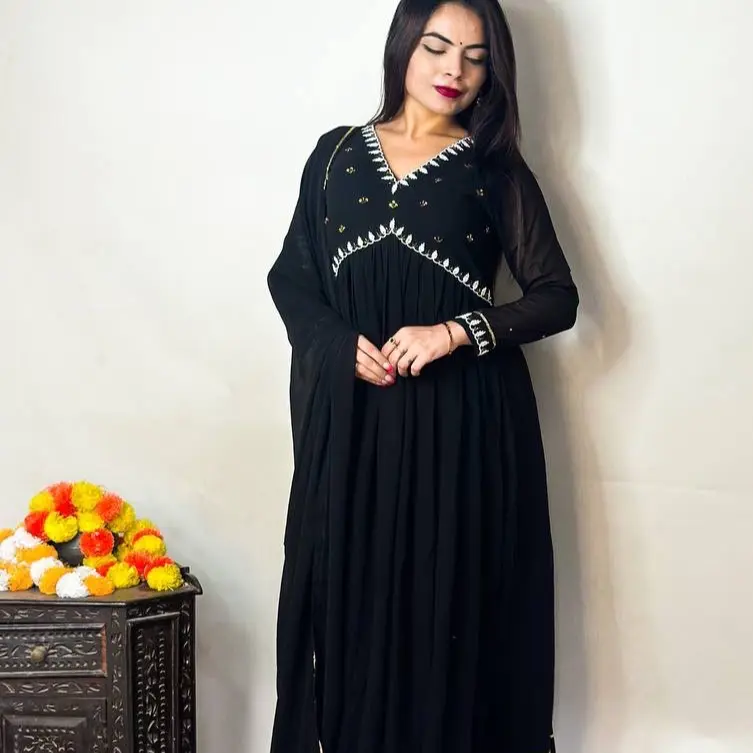 Women black  Anarkali wedding party wear Indian suit gown pants set Diwali wear karvachauth