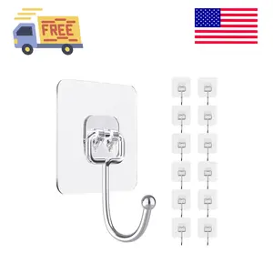Large Adhesive Hooks for Hanging Wall, 12 Pack Self Sticky Hooks Heavy Duty 22lb Clear