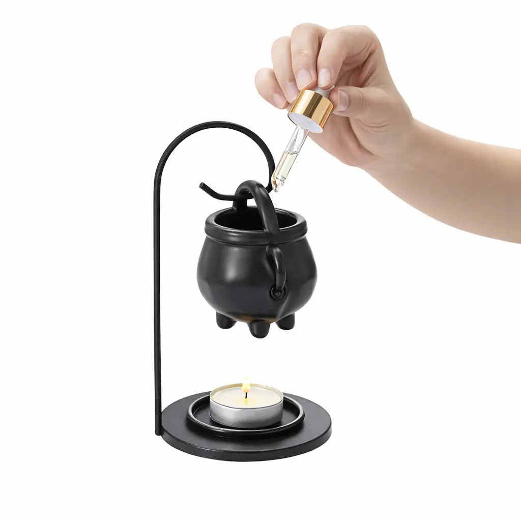 Witch Cauldron Ceramic Oil Burner, Tealight Aroma Candle Holder, Home Fragrance Wax Warmer, Magical Ambient Tabletop Decor for Bedroom, Living Room & Halloween Witchy Decor