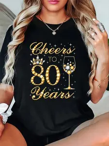 100% Cotton T shirts Cheers to 80 Years, 80th Queen's Birthday, 80 Years Old T-Shirt Breathable & Comfort Fit Tee Women,Short Sleeve Crew Neck Top for All Seasons,Graphic Tees Women Tops