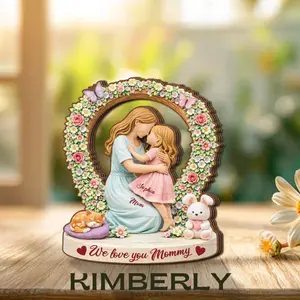 Personalized Mom Wooden Block, Mother & Daughter Floral Wreath Gift, Custom Name Keepsake, We Love You Mommy Decor, Mother’s Day Gift