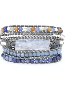 Natural Blue Quartz Handmade Leather Bracelet, Boho Style Beaded Multi-Layer Jewelry, Ethnic Pattern, All Seasons Accessory