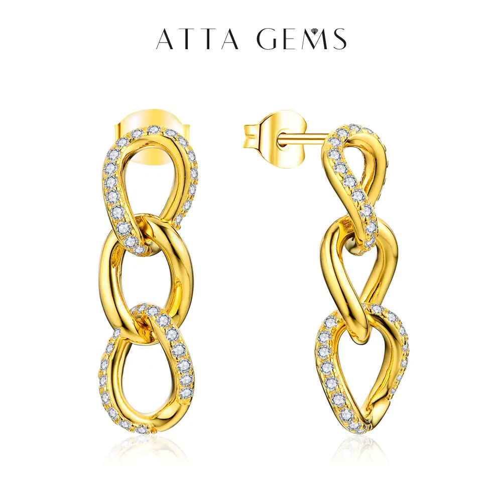 Women's Chain Link Dangle Drop Earrings featuring Round Cut Synthetic Moissanite, Modern Fine Jewelry for an Engagement Gift, Female, Synthetic Stone, Elegant, Metal