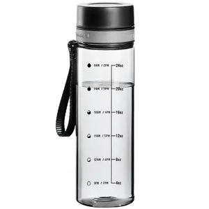 Reusable Water Bottle, Water Bottle with Time Marker, Plastic Water Bottles with Strap, Gym Water Bottles for Men, 28OZ Clear Water Bottles, Black