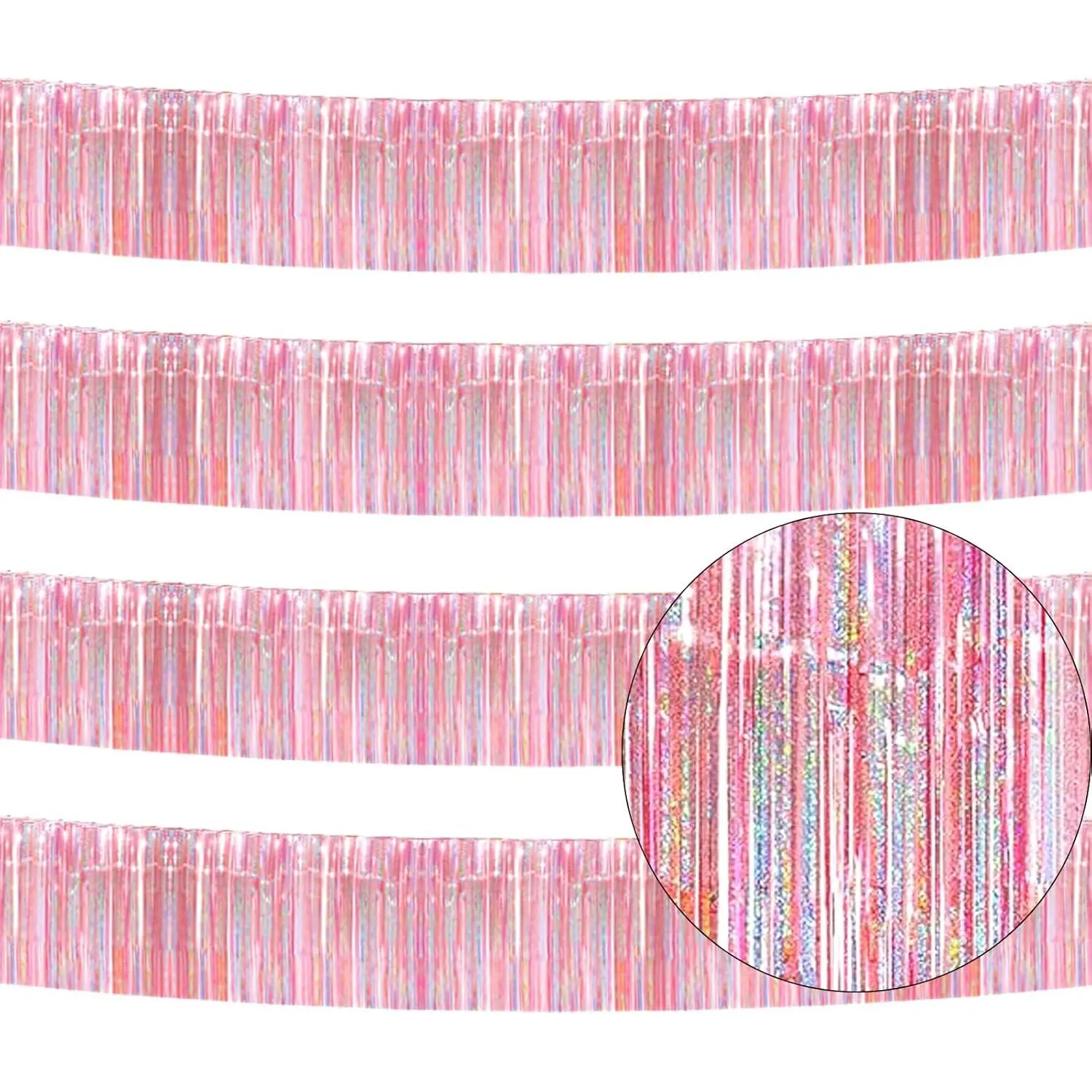 4 Pack Iridescent Pink Total 40 Feet Foil Fringe Garland Metallic Tinsel Banner Wall Hanging Drapes Parade Float Skirting Decorations for Trailer Mardi Gras Party Birthday Wedding