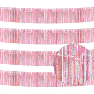 4 Pack Iridescent Pink Total 40 Feet Foil Fringe Garland Metallic Tinsel Banner Wall Hanging Drapes Parade Float Skirting Decorations for Trailer Mardi Gras Party Birthday Wedding