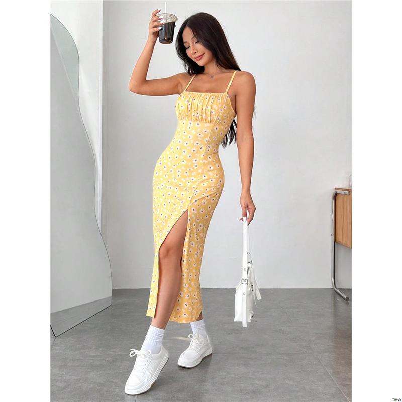 Pastel Dresses Summer Slit Strap Spaghetti Knit EZwear tiktok Printed Hem Vacation Dress For Women