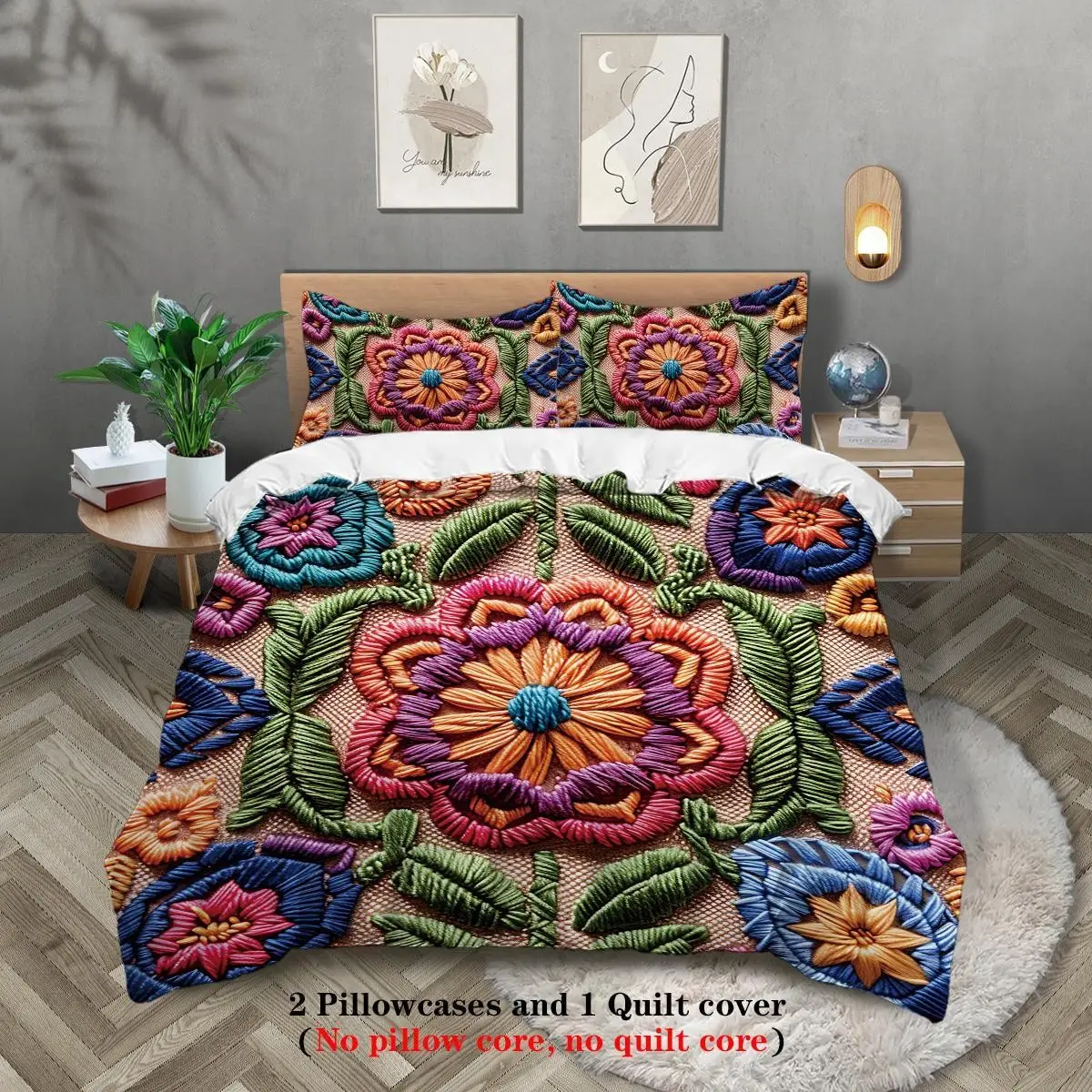 Bohemian Floral Pattern Decorative Duvet Cover Set, Ultra-Soft Microfiber Bedding, Breathable Fade-Resistant Fabric, Includes 1 Duvet Cover and 2 Pillowcases