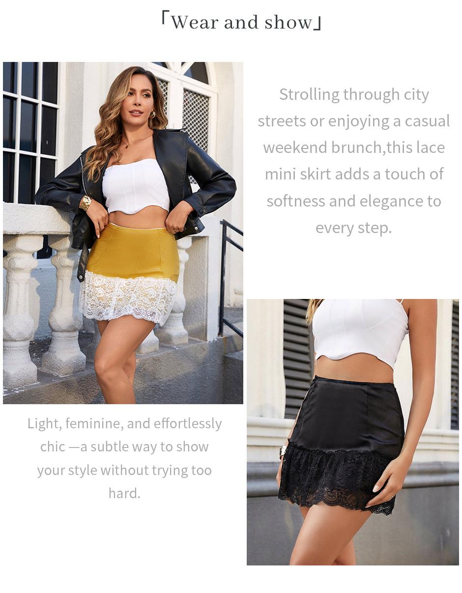 Florboom Women's Satin Mini Skirt – Elastic Waist & Lace Trim, Floral Lace Detail for Casual, Streetwear, Vacation, Festival & Party Wear
