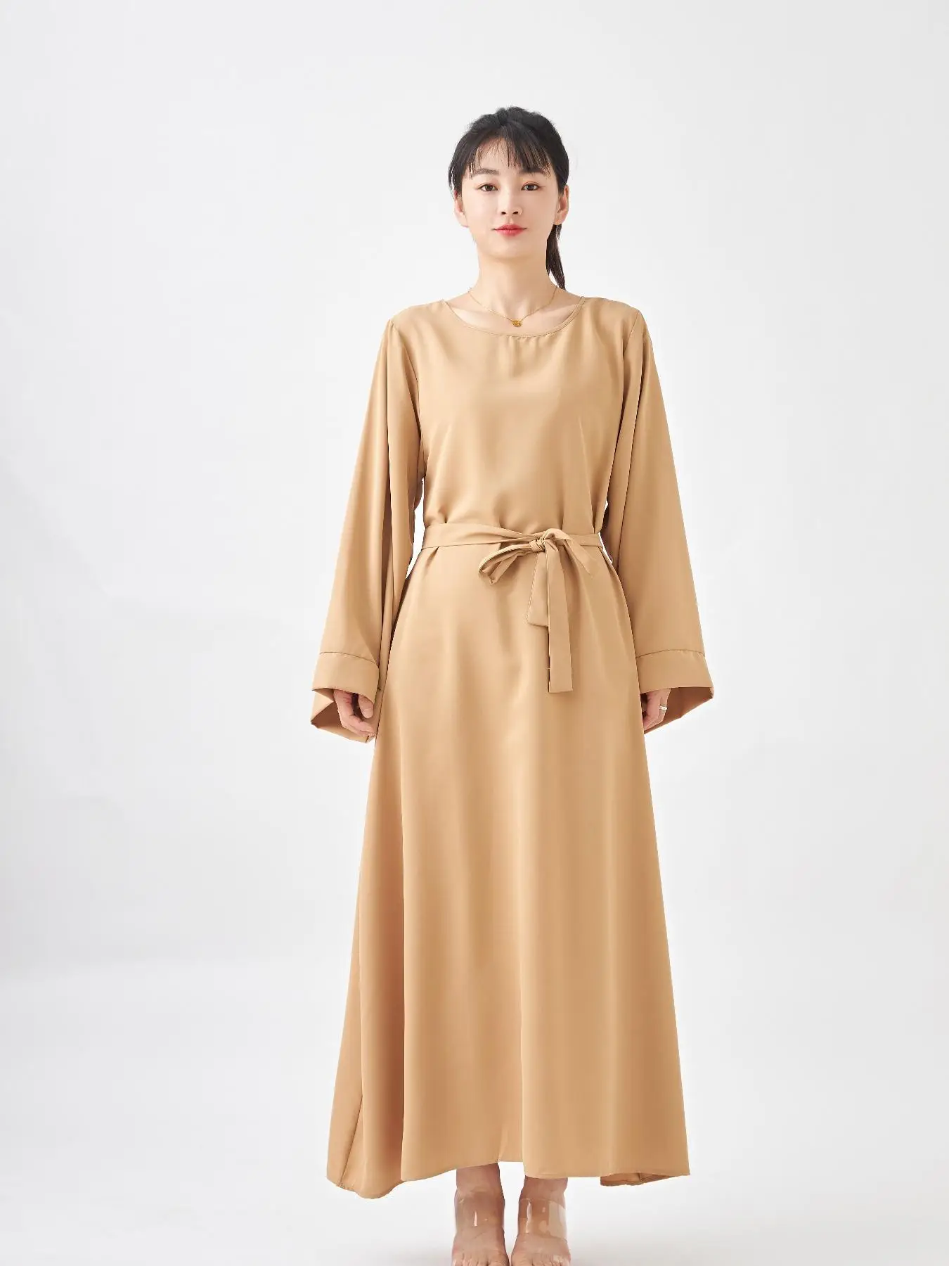 Women's Solid Belted Flounce Sleeve Dress, Modest Casual Long Sleeve Round Neck A Line Dress for Daily Wear, Ladies Clothes for All Seasons