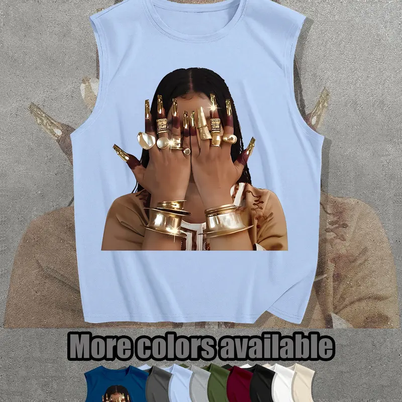 Egyptian Queen Graphic Print Sleeveless T-Shirt, Loose Fit Casual Unisex Street Style Top, Breathable Summer Wear, Streetwear