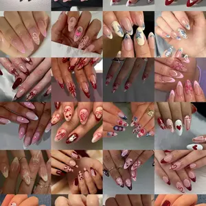 576pcs French Almond Press-On Nails, Floral Butterfly Heart Polka Dot Design, Medium Size, Acrylic Material, Gel Adhesive Included