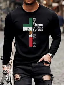 Men's Long Sleeve Fitted Graphic T-Shirt Jesus Print, Round Neck Stylish Streetwear Casual Top, All-Season Comfortable Wear, Durable Daily Clothing, Casual Street Style