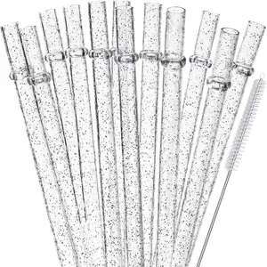 12 Pack Straws Reusable Hard Transparent Plastic glitter Drinking Straws, 10.5 Inch Tumbler Straws With 1 Cleaning Brush Jars, Home Bar Accessories