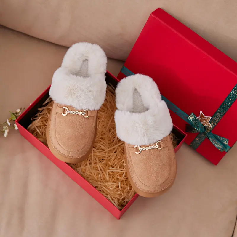 GOEWY Women's Chunky Cloud-Like Fuzzy Memory Foam Platform Slippers - Warm Suede, Anti-Slip Sole, Below-the-Ankle, Indoor/Outdoor Footwear, Fashion Style, Christmas Gift for Moms, Shoes for Women, Chain Accent