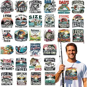 DTF Transfers Ready to Press - 30 count Fishing Dad Iron on Transfers for Tshirts, Gone Fishing Lovers Heat Transfer, Iron on Decals Patches for DIY Father's Day Gifts Clothes Pillow Hat