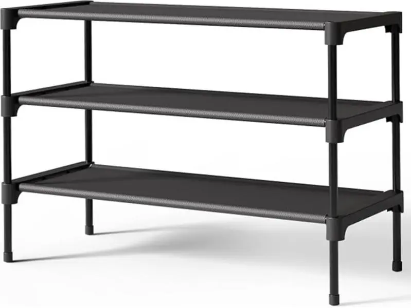 Shoe Rack Organizer, 3 Tier Shoe Storage Shelf for Closet, Entryway, Bedroom & Garage, Stackable Shoe Organizer, Space Saving Shoe Storage Rack, Non-Woven Fabric Shoe Shelf, 27.5 Inch, Black