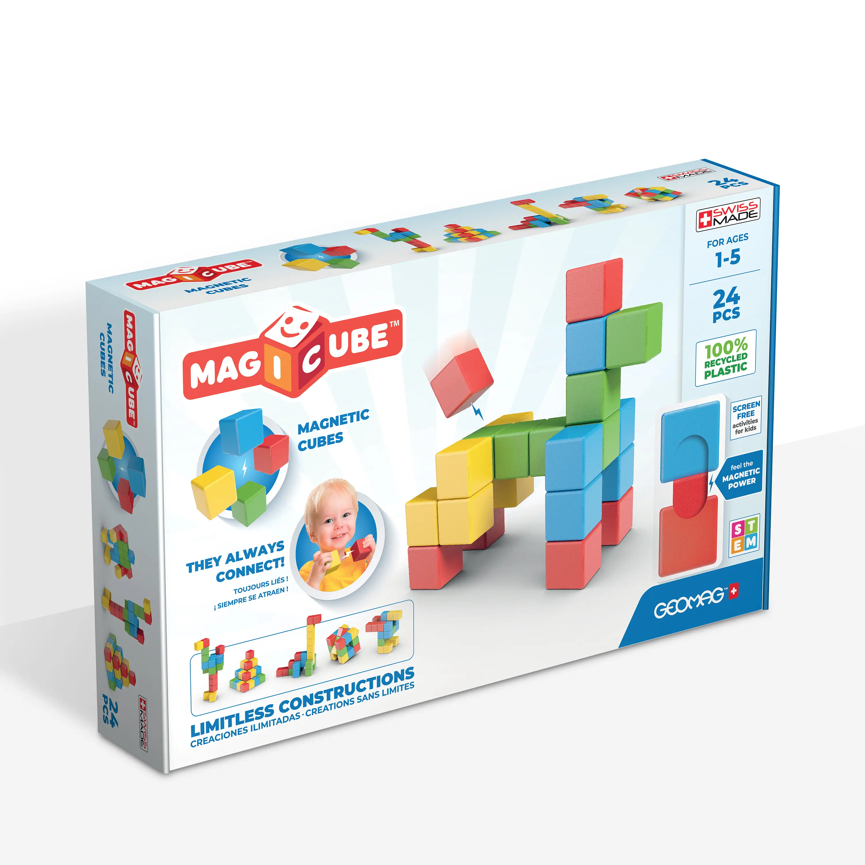 GEOMAG Swiss-Made MagiCube 24-Piece Magnetic Stacking Cubes Building Set, Large Blocks for Toddlers & Kids Ages 1-5, STEM Educational Toy, Creativity,
