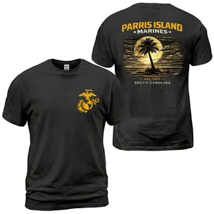 Parris Island Marines USMC T-Shirt, Marine Corps Eagle Globe Anchor Graphic Tee, South Carolina Est 1915 Palm Tree Back Print Shirt, Military Training Outfit, Soft Cotton Tee Gift For Marines and Men