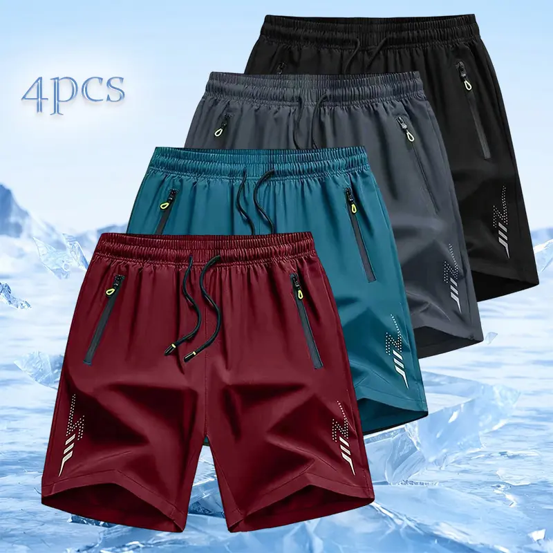 Men’s 4-piece set lightweight, comfortable quick-dry stretch shorts with zippered pockets and an adjustable drawstring waistband; sports casual summer shorts