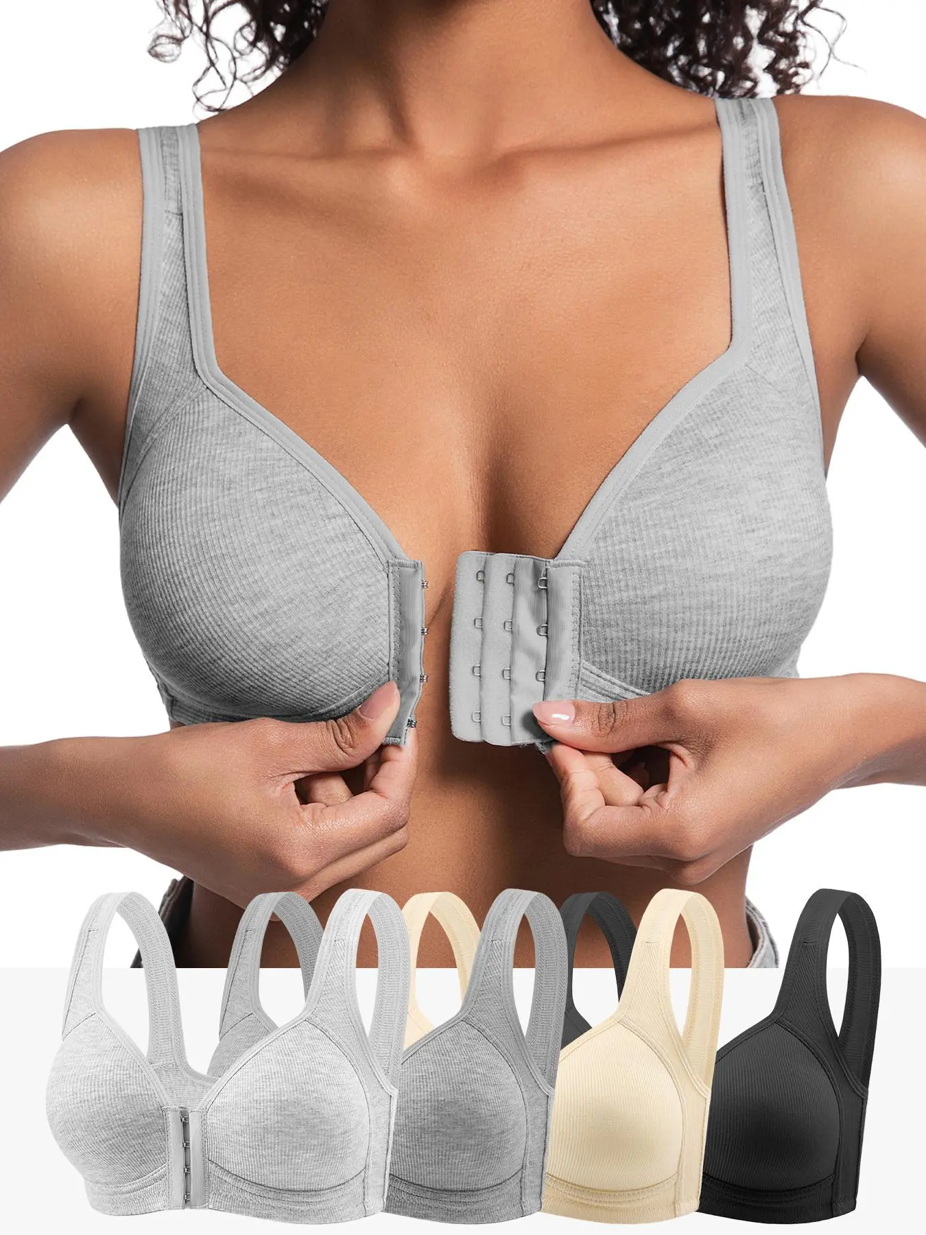 EssElegance Front Closure Wireless Bra for Women - 3-Level Adjustable Hooks Seamless Push Up Sports Bra, Comfort Full Coverage Bralette with Wide Straps, Soft Ribbed Fabric Daily Wear Underwear, High Elasticity & Supportive No Wire Bra, Multi-Color