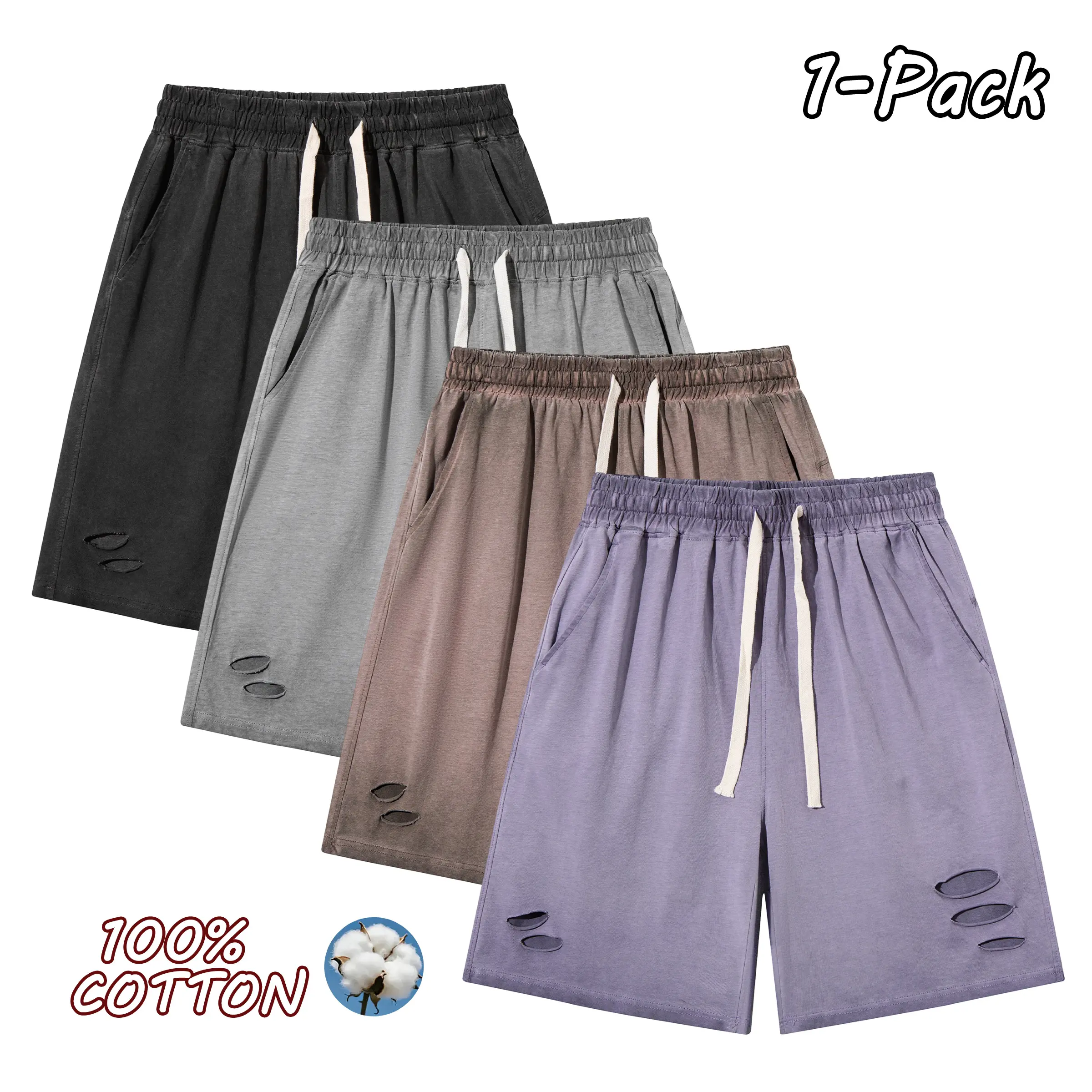 Men’s summer casual shorts, new arrival—solid color, minimalist design, 100% cotton, vintage washed look with drawstring; suitable for outdoor sports, everyday wear, and street outings.