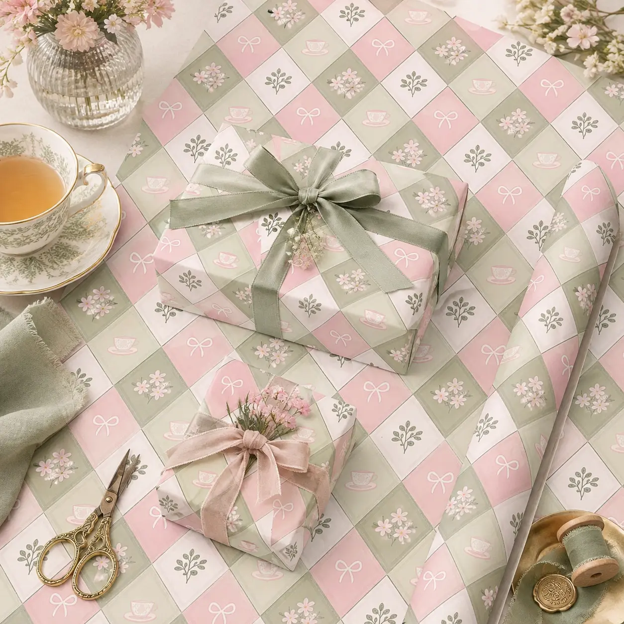 Cute Pink Sage Green Argyle Teacup Gift Wrapping Paper Sheet - Pastel Coquette Ribbon Flower Pattern Wrap for Tea Party Baby Shower Kids Birthday