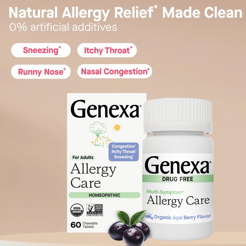 Genexa Allergy Care | Drug Free, Non-Drowsy Allergy & Decongestant Remedy for Adults | Vegan & Non-GMO | Homeopathic Allergy Relief Made Clean | Organic Acai Berry Flavor | Chewable Tablets
