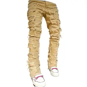 Cotton Blend Stretch Denim Skinny Jeans - Men's Tassel Fringe Casual Street Style Hip-Hop Rap Pants - All-Season Washed Finish Regular Length  Streetwear Menswear solid drawstring waist pocket sweatpants megging  jeans purple men summer sport bottom short