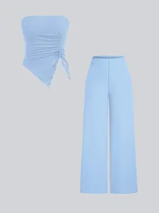 Two-Piece Set Women's Solid Ruched Tube Top & Wide Leg Pants Set, Casual Fashion Cozy Outfits for Daily Outdoor Wear, Ladies Summer Clothes, Womenswear