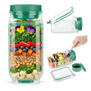 New Transparent Salad Container, Portable Side Open Food Storage Jar, Reusable Plastic Bottle, One-Piece Lid Design, Home Office Gym Picnic