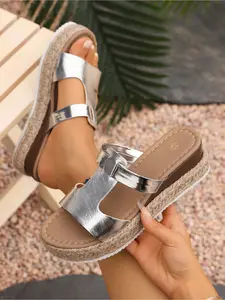 Women's Metallic Wedge Espadrille Slide Sandals, Open Toe Platform Wedge Sandals, Summer Casual Beach Shoes for Ladies
