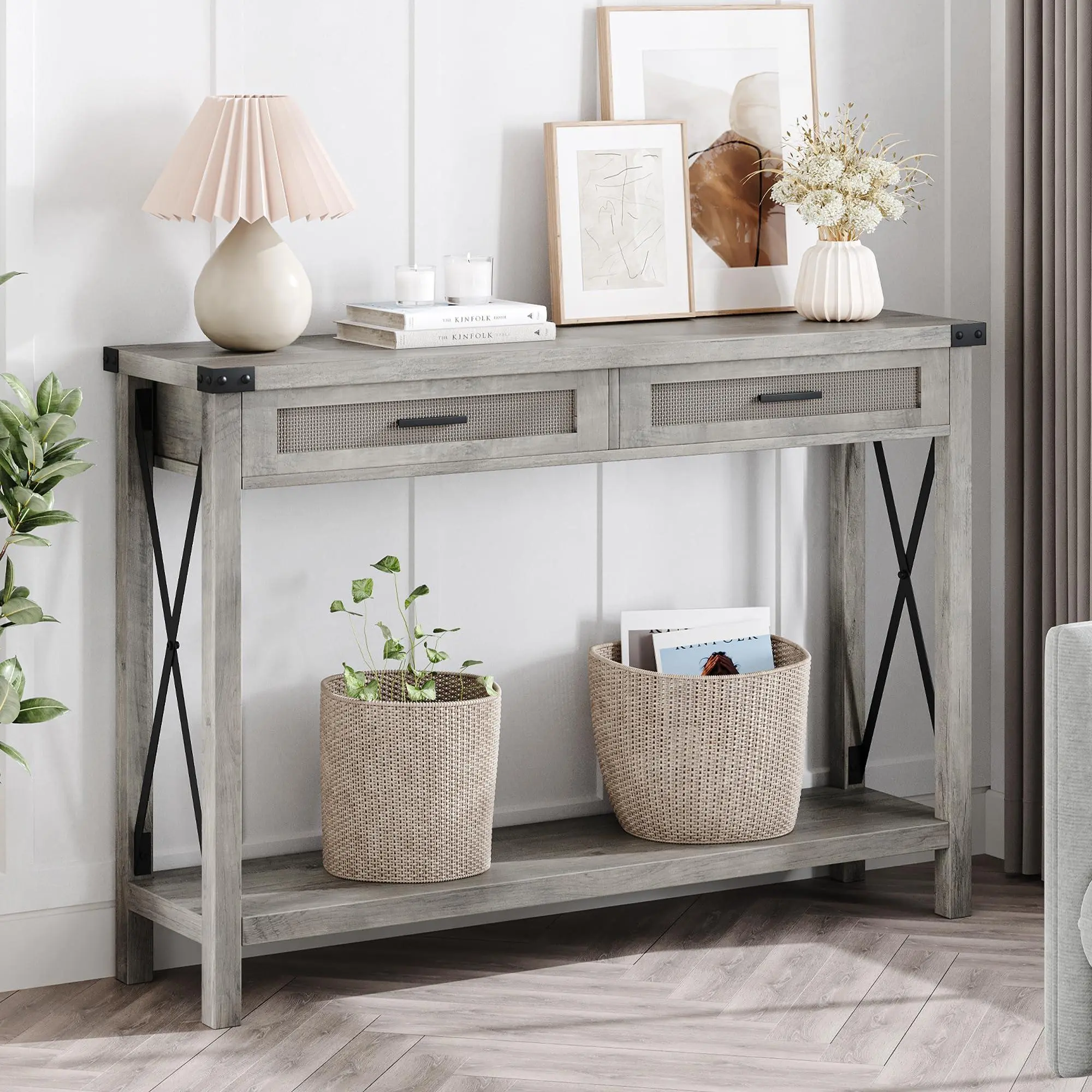 GARVEE Farmhouse Entryway Table, Grey Console Table with Rattan Drawers, 43" Sofa Table with Storage, Console Tables for Entryway, Living Room, Hallway, Foyer-Grey