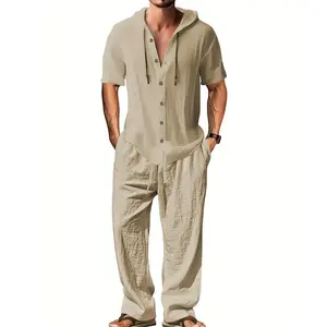 Spring/Summer men’s hooded short-sleeve set paired with relaxed casual long pants; cool and breathable, with a smooth, soft, lightweight feel that is gentle on the skin. Loose fit that doesn’t constrict, simple yet sophisticated design that looks stylish.