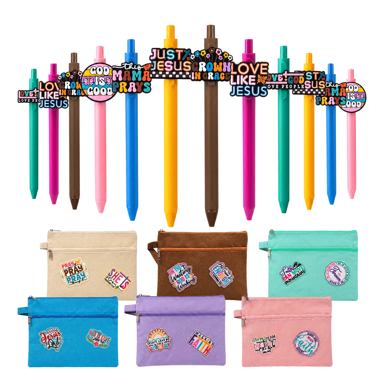 Religious Office & School Stationery Set - 12 Soft-Grip Affirmation Pens with Inspirational Quotes, 6 Large-Capacity Embroidered Pencil Pouches, Bible Study Supplies, Back to School Haul Item for Mom