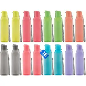 Bulk Water Bottles Set of 16 –17oz Multicolor Sports Bottles for Kids and Adults – Leak Proof Water Bottles with Carry Strap – Square Reusable Bottles for Juice, Drinks – BPA-Free Dishwasher-Safe