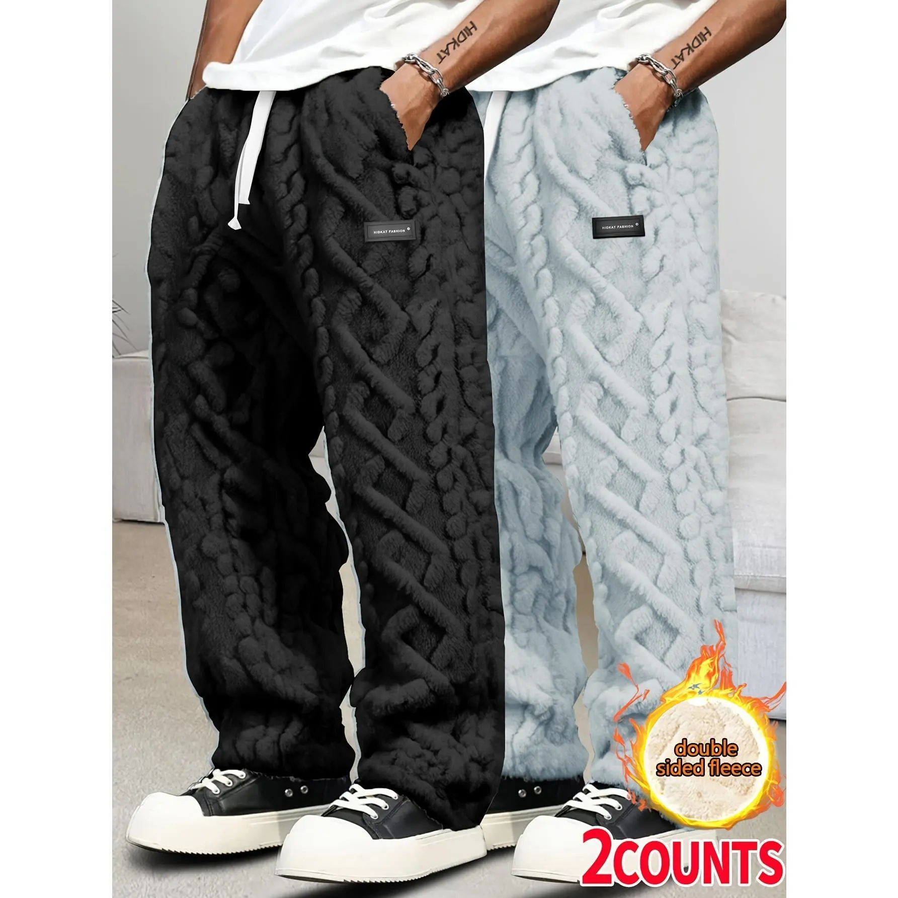 Men's 2-Pack Cable Fleece Joggers, Thick Plush Winter Sweatpants for Lounging, Casual Loose-Fit Menswear with Drawstring, Fluffy, Wide Leg, Elastic, Clothes, Athleisure, Cotton, Stripe, Warm Fleece, Stripe Pattern, Elastic Waist, Full Length