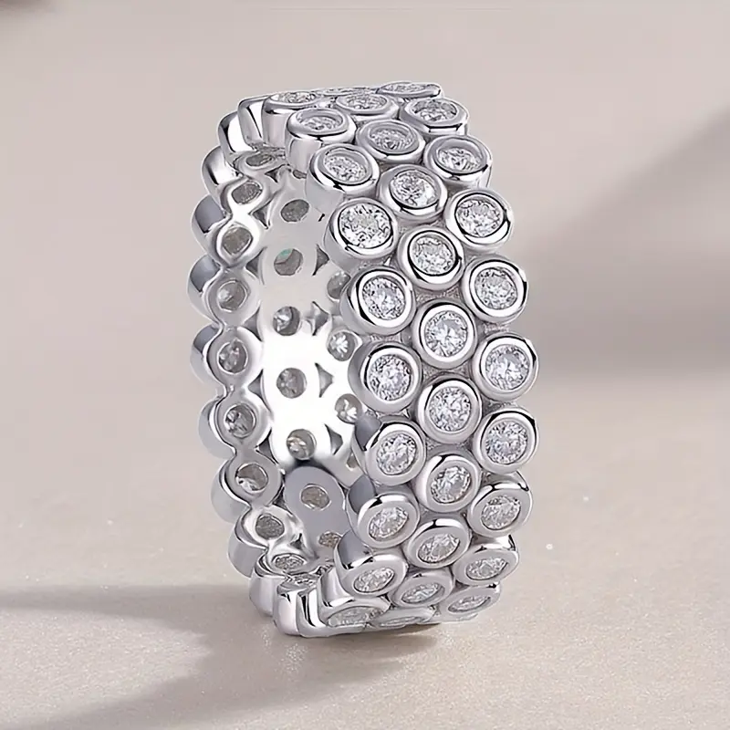 3-Row Cubic Zirconia Eternity Ring for Women, Wide White Gold-Plated Costume Jewelry Band for Weddings, Daily