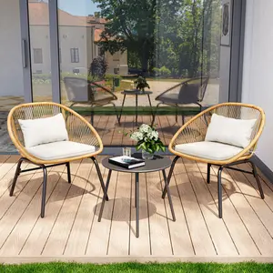 LAUSAINT HOME 3-Piece Patio Conversation Bistro Set, all-weather outdoor wicker furniture with two wide chairs and a coffee table, perfect for porch, backyard, and balcony (linear weave design). outdoorfun