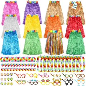 84 count Hawaiian Party Supplies Set, Adjustable Grass Hula Skirts, Leis Headbands Wristbands, Hair Clips and Glasses for Tropical Beach Birthday Party Decorations & Bulk Favors for Adults