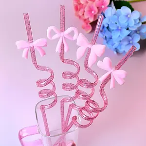 Bow Flashy Spiral Straw, Reusable Plastic Drink Straw, Food Grade Pet Material, Ideal for Iced Coffee, Smoothies, Party Decorations