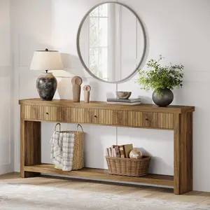 LITTLE TREE 70.9 inch Console Table with 3 Drawers, Extra Long Entryway Table, Wood Sofa Table Oak Furniture with Open Storage Shelves Wooden Couch Table Foyer Tables for Living Room Hallway Entrance