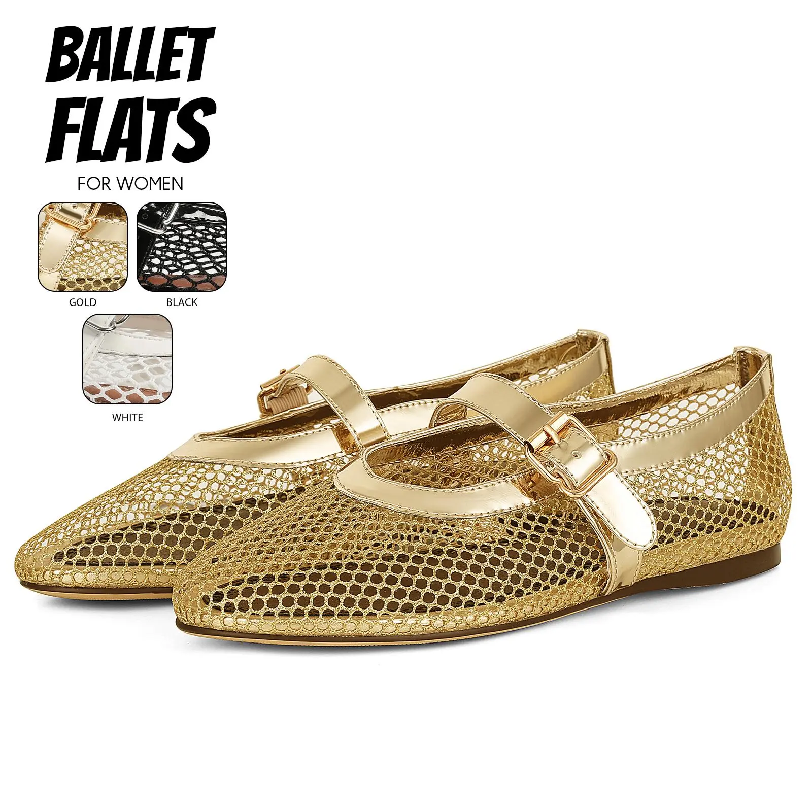 Ballet Flats For Women Mesh Material Round Toe Flat Heel Ballerina Shoes Adjustable Buckle Gifts for Her Party Casual Travel Date Dress Mary Jane Cute Shoes Spring Trendy Sandals
