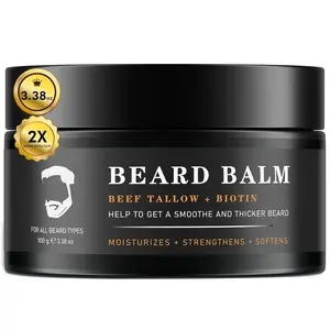 Beef Tallow Beard Balm for Men - Smoothing, Moisturizing & Softening Coarse, Dry Beards, Biotin-Infused for Fuller, Healthier Look, Fragrance-Free, 3.38 oz