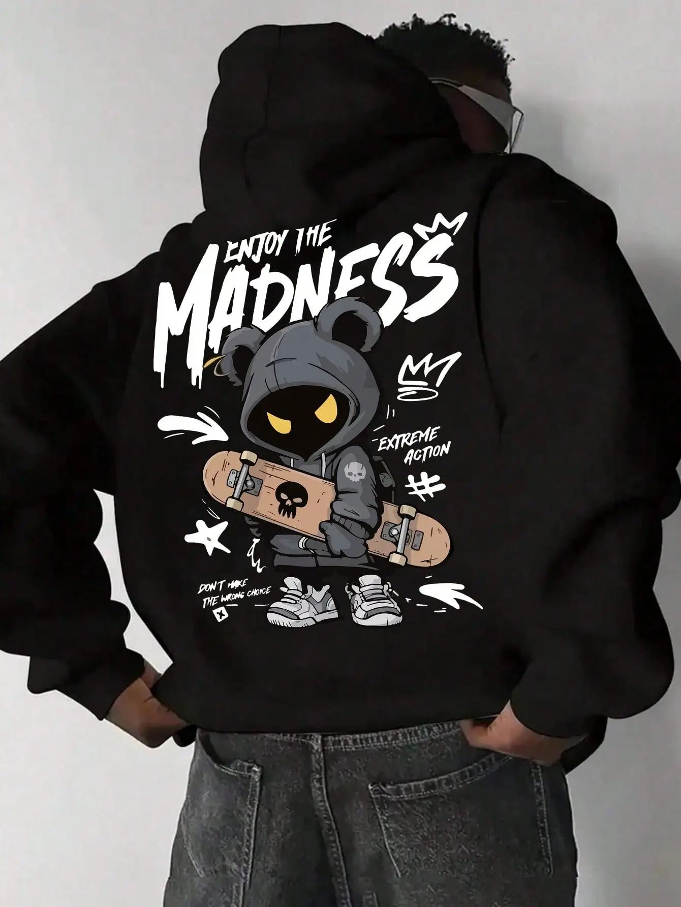 Thick 270 Gram Brushed Fleece Skateboard Cartoon Hoodie, Enjoy The Madness Graffiti Print Drawstring Sweatshirt, Oversized Urban Streetwear, Cozy Daily Wear Pullover For Fall Winter